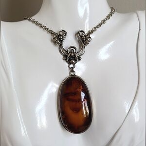 Vintage Boho Silver Tone HUGE Faux Amber Talisman Cabochon Drop Pendant Necklace